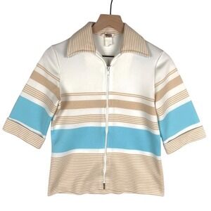 VTG EL MAR 70s MCM Knit Top Women's Sz S Striped Full Zip 1/2 Sleeve Collar